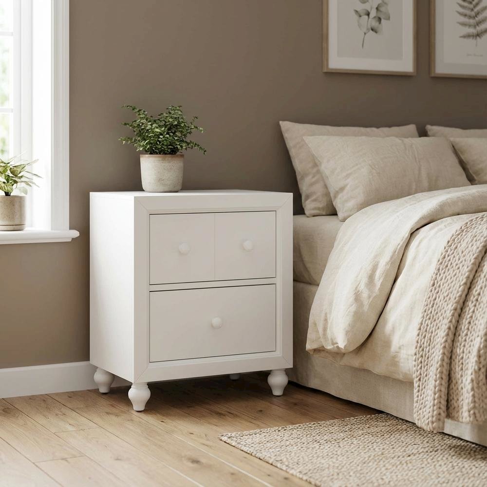 White Cottage Nightstand with Melamine & Rubberwood Frame, Stylish and Durable