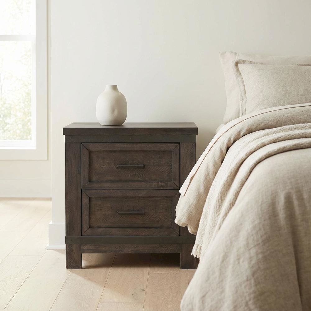 Rustic Nightstand in Rock Beaten Brown with Saw Cuts for Bedroom Decor