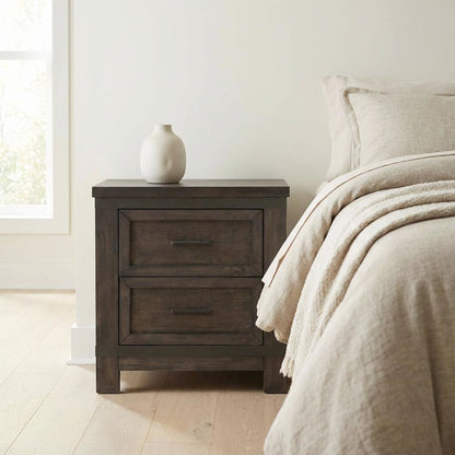 Rustic Nightstand in Rock Beaten Brown with Saw Cuts for Bedroom Decor