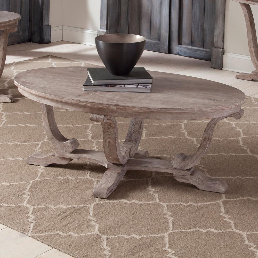 Greystone Mill Oval Cocktail Table in Stone White Wash w/ Wirebrush Distressing