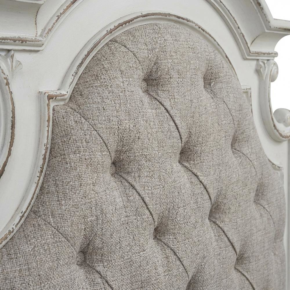 Antique White Upholstered Panel Headboard with Weathered Bark Wood Accents