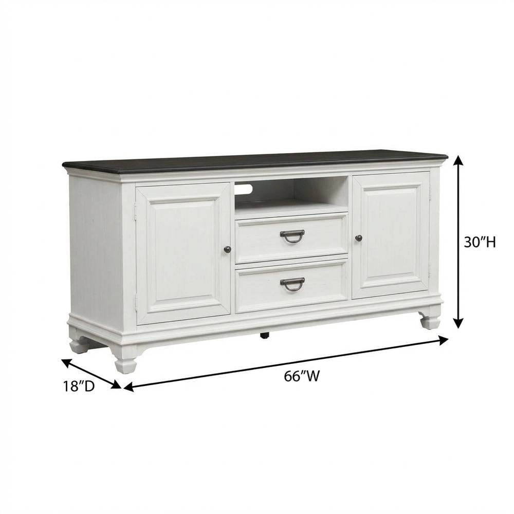 White TV console, wirebrushed finish, charcoal top, solid, 66-inch width