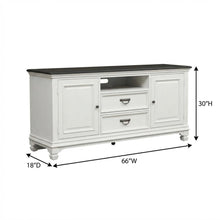 White TV console, wirebrushed finish, charcoal top, solid, 66-inch width