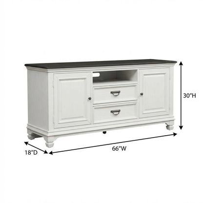 White TV console, wirebrushed finish, charcoal top, solid, 66-inch width