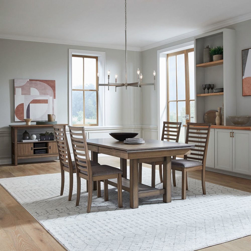 5 Pc Trestle Leaf Table Dining Room Set with 4 Ladder Back Side Chairs-Sandstone