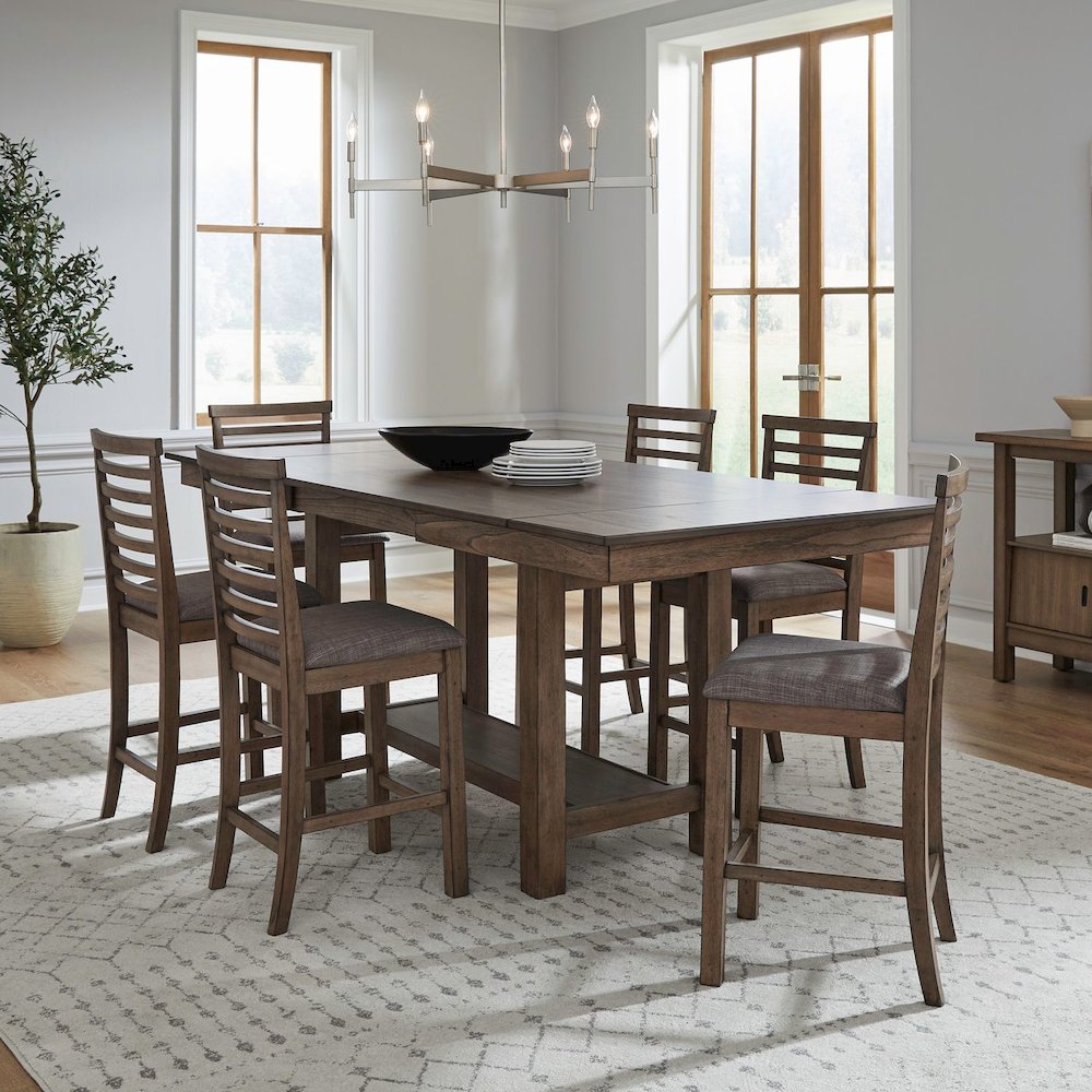 7 Piece Gathering Trestle Leaf Table Dining Room Set with 6 Counter Chairs