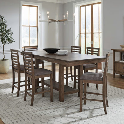 7 Piece Gathering Trestle Leaf Table Dining Room Set with 6 Counter Chairs