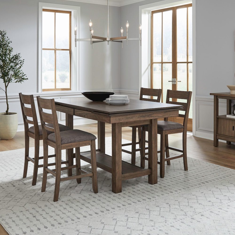 5 Piece Gathering Trestle Leaf Table Dining Room Set with 4 Counter Chairs