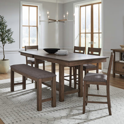 6 Pc Gathering Trestle Leaf Table Dining Room Set with 4 Counter Chairs, Bench