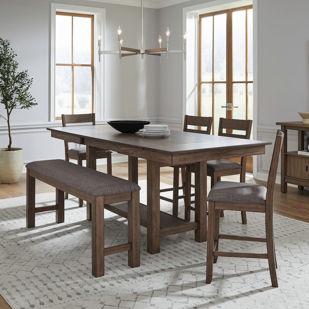 6 Pc Gathering Trestle Leaf Table Dining Room Set with 4 Counter Chairs, Bench