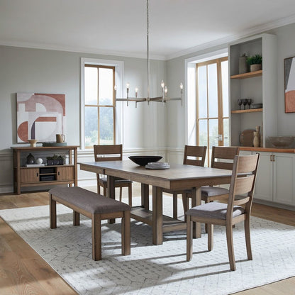 6 Pc Trestle Leaf Table Dining Room Set with 4 Side Chairs, Upholstered Bench