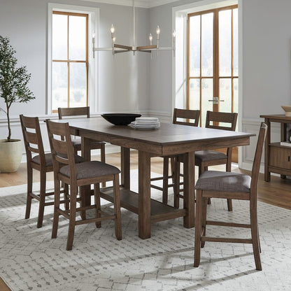 7Pc Gathering Trestle Leaf Table Dining Room Set with 6 Slat Back Counter Chairs