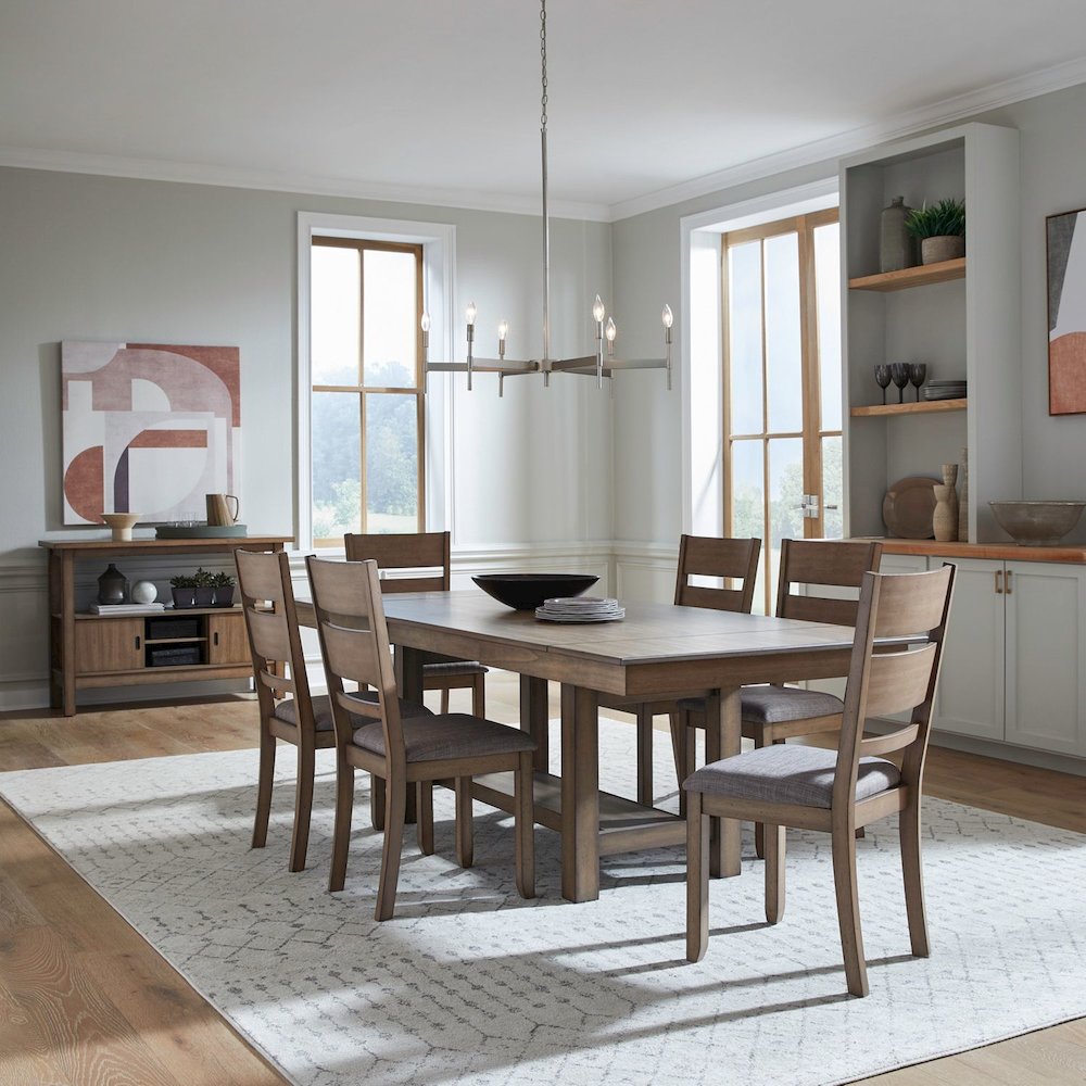 7 Pc Trestle Leaf Table Dining Room Set with 6 Slat Back Side Chairs - Sandstone