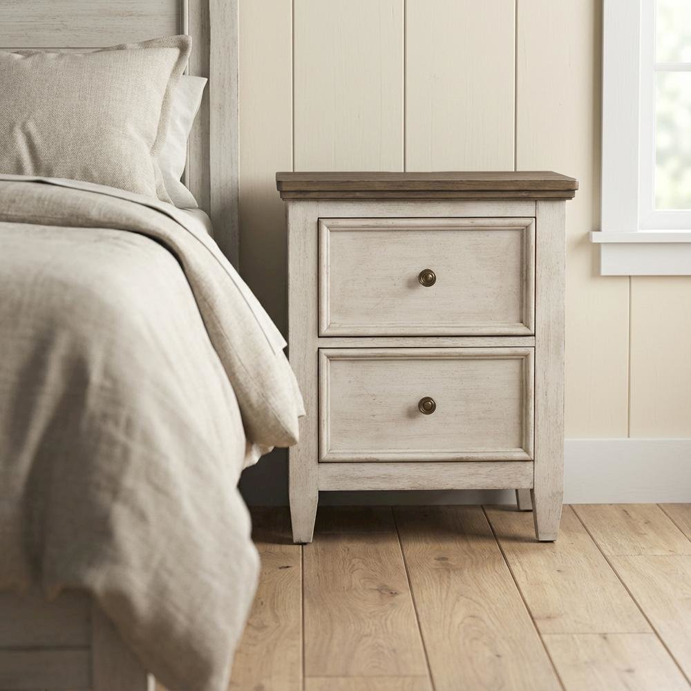 White Farmhouse Nightstand with Charging Station and Storage Space