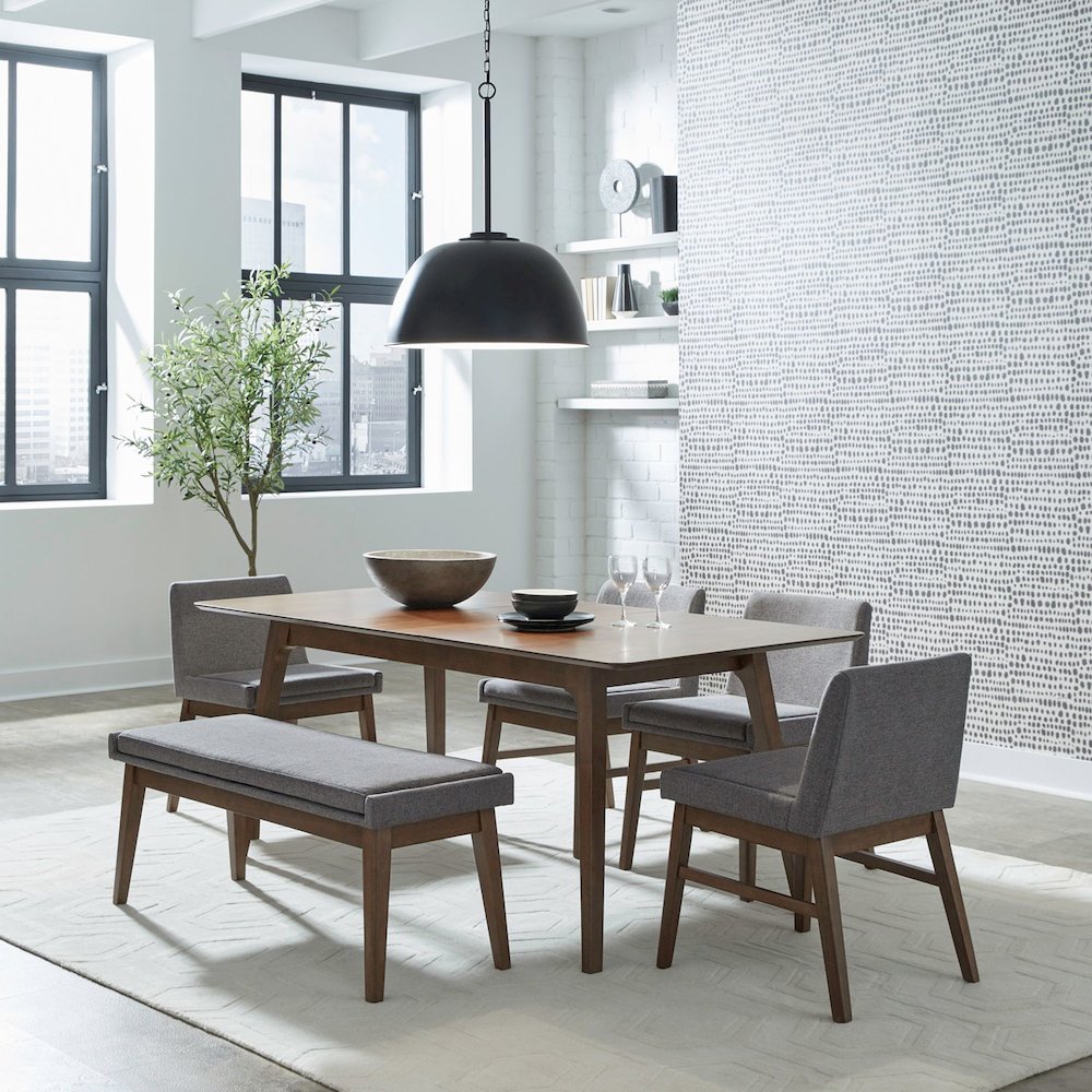6 Piece Leg Table with 4 Side Chairs, Dining Bench -Dining Room Set-Satin Walnut