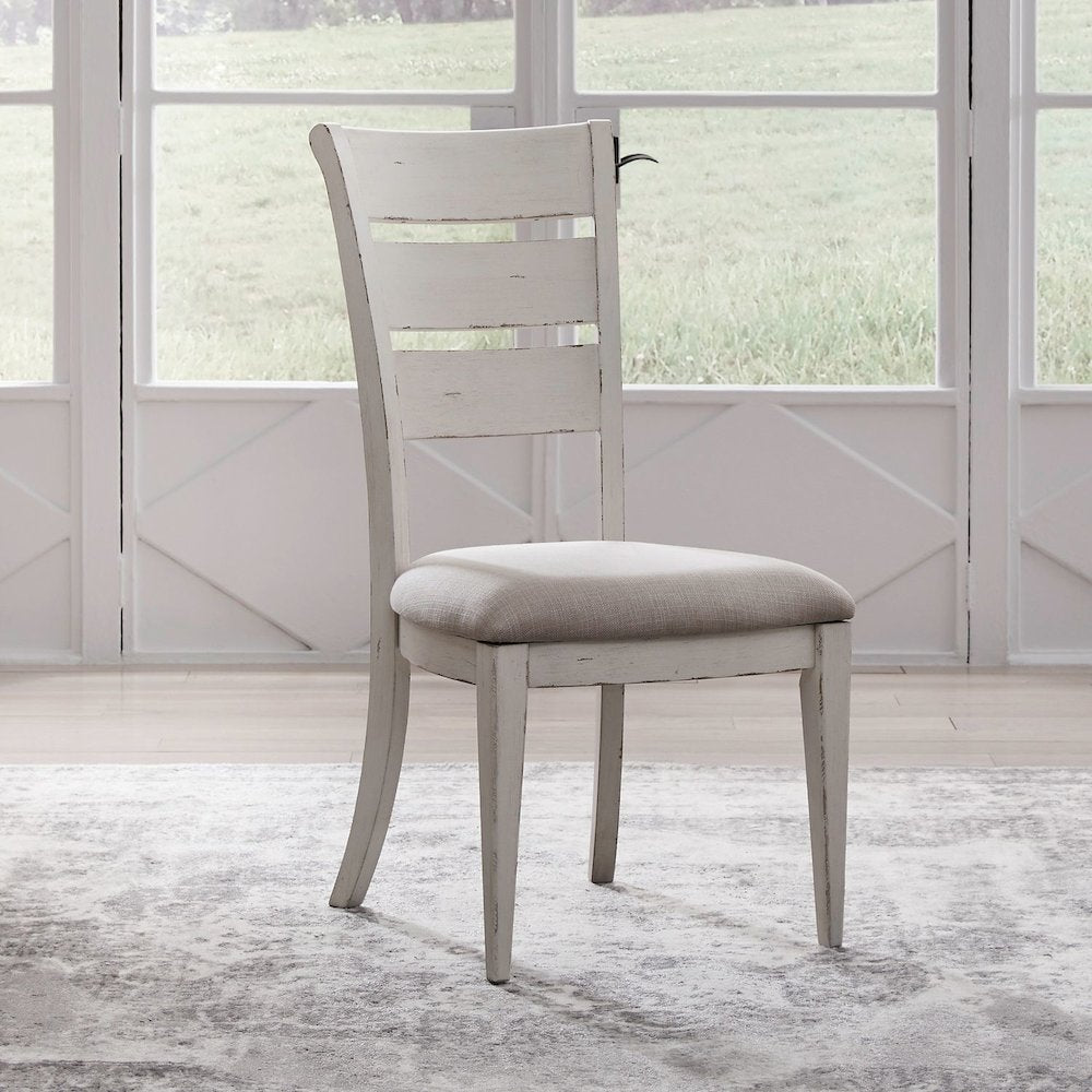 5 Piece Pedestal Dining Room Table, 4 Chairs Set  - Weathered White & Parchment