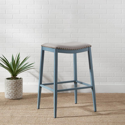 Backless Uph Barstool - Blue - Set of 2 Vintage Silver