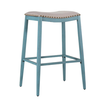 Vintage Series Backless Upholstered Barstool- Blue in Distressed Metal