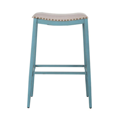 Vintage Series Backless Upholstered Barstool- Blue in Distressed Metal