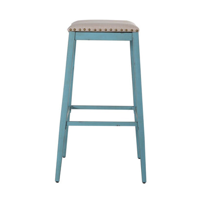 Backless Uph Barstool - Blue - Set of 2 Vintage Silver