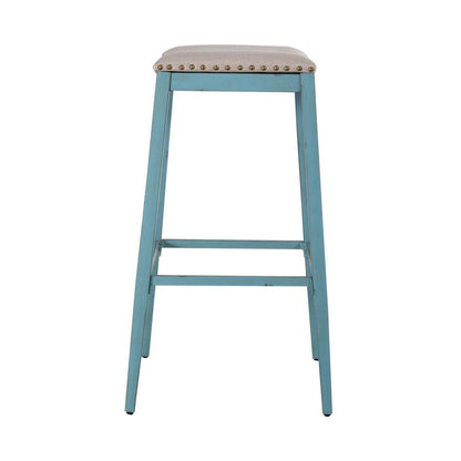 Vintage Series Backless Upholstered Barstool- Blue in Distressed Metal