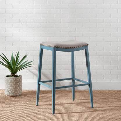 Vintage Series Backless Upholstered Barstool- Blue in Distressed Metal