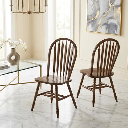 Solid Wood Windsor Dining Chairs, Spindle-Back Cottage Kitchen Seats, Set of 2