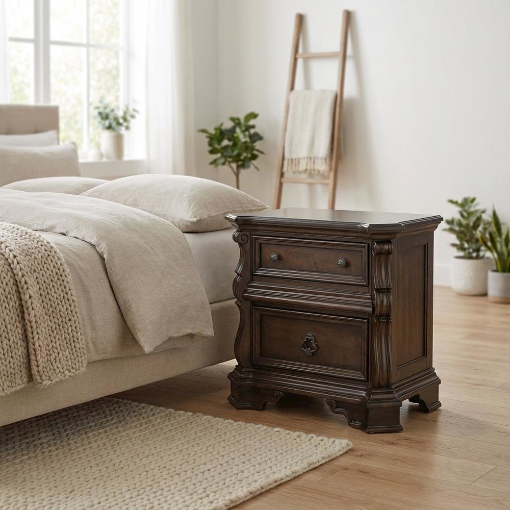 Brown Night Stand with European Traditional Design and Metal Accents