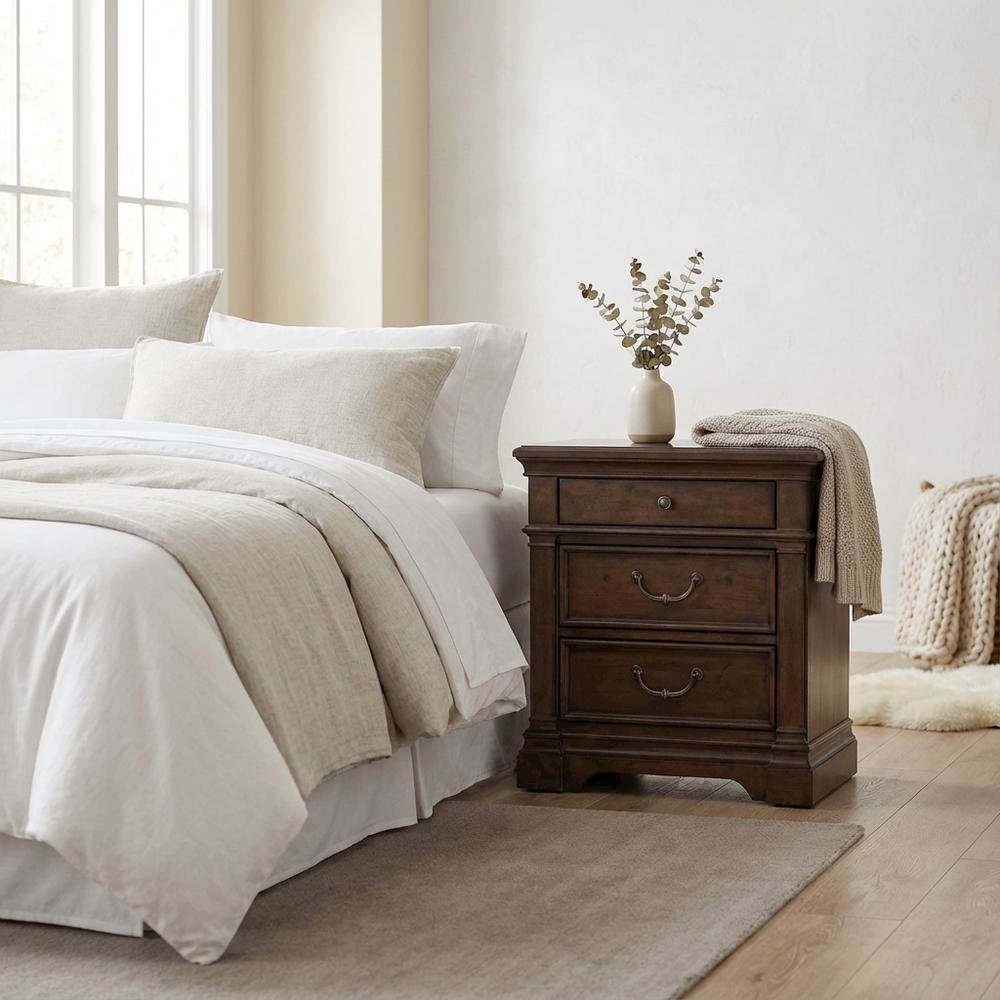 Satin Cherry Nightstand with Charging Station and Traditional Style