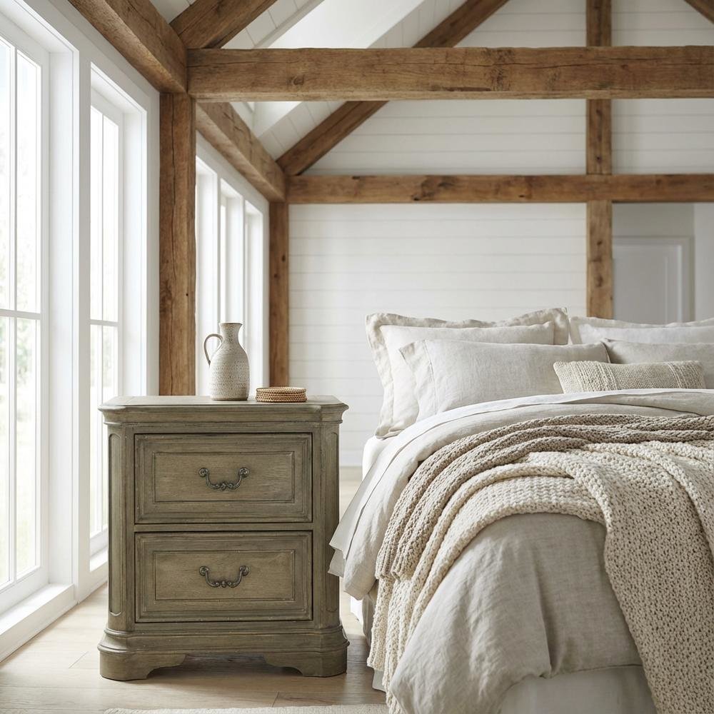 Weathered Bisque Nightstand with 2 Drawers and Traditional Design