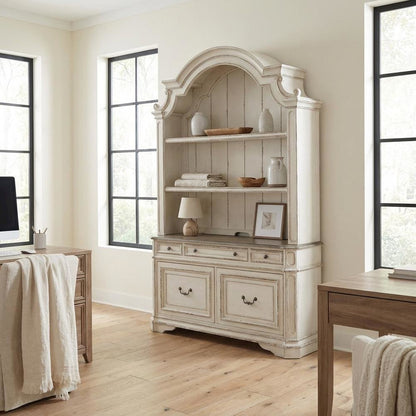 Antique White 3-Piece Office Desk And Hutch Set With Traditional Design