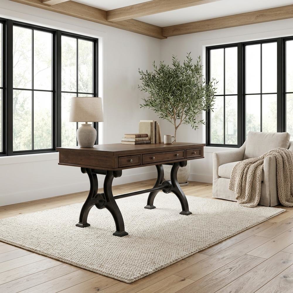 Wooden 3-Piece Desk Set in Cobblestone Brown with Metal Frame for Urban Style