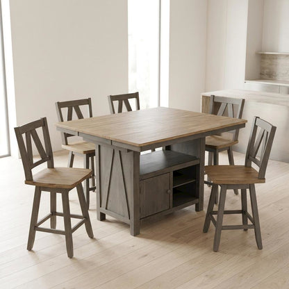 Rustic 7-Piece Dining Table Set in Rubberwood Solids and Veneers