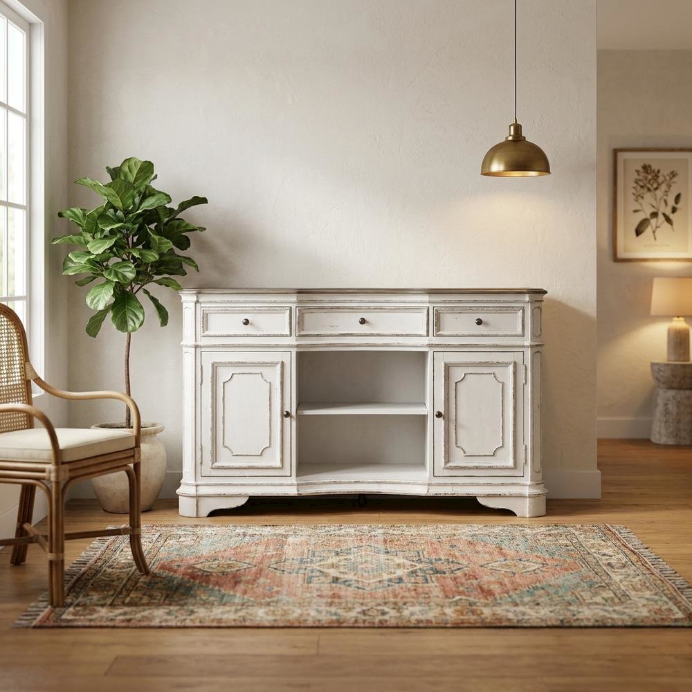 Rubberwood Solid Wood Buffet Cabinet with Storage and Drawers Sideboard, White