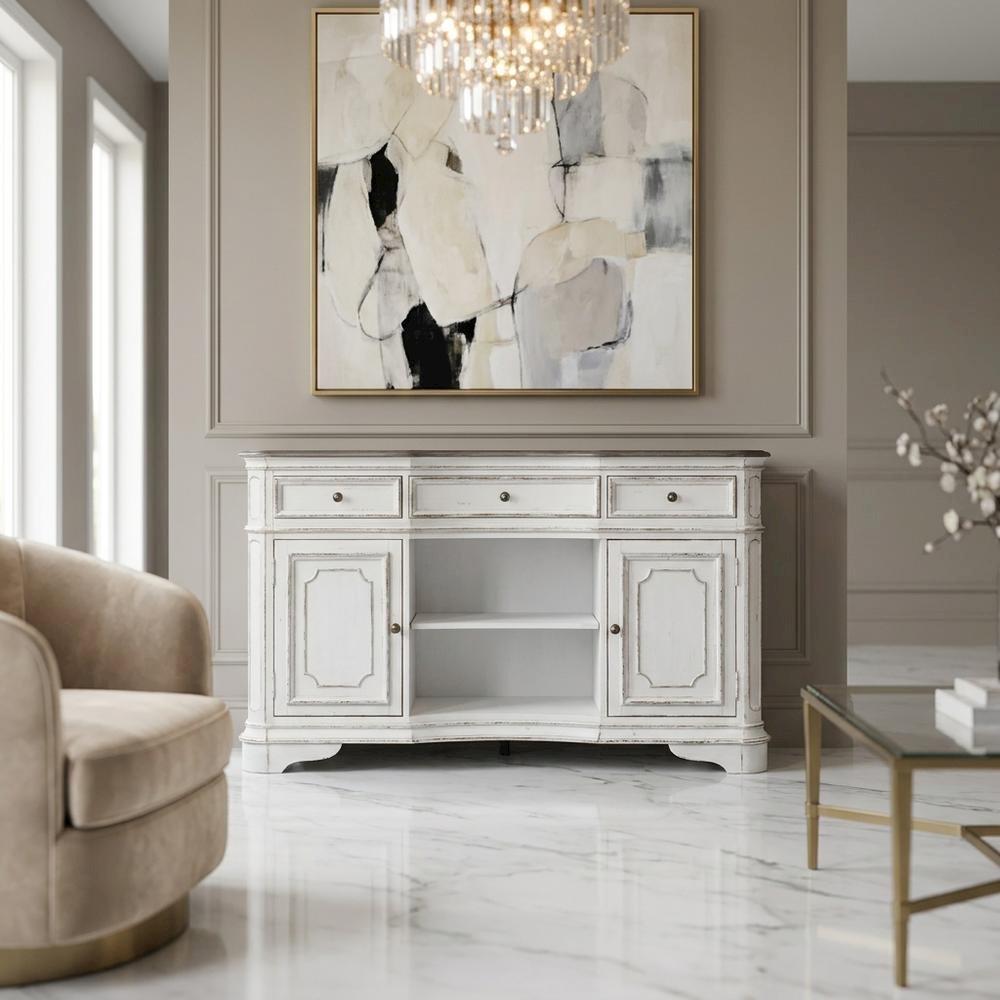 Rubberwood Solid Wood Buffet Cabinet with Storage and Drawers Sideboard, White