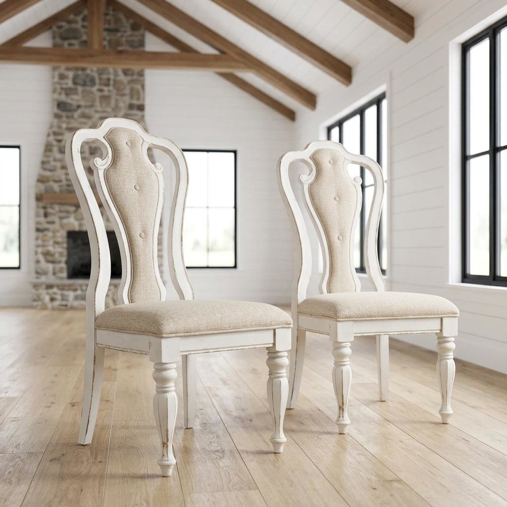 Chenille Upholstered Splat-Back Rubberwood Dining Chair, White, Set of 2