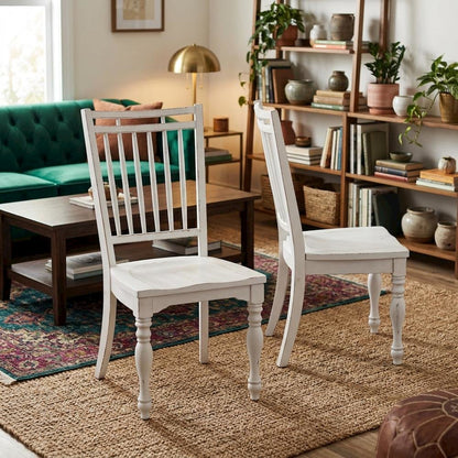 Solid Wood Spindle Back Farmhouse Dining Chairs for Kitchen, White, Set of 2