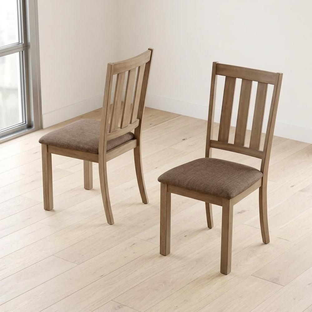 Rubberwood Slat-Back Wooden Dining Chairs, Brown, Set of 2