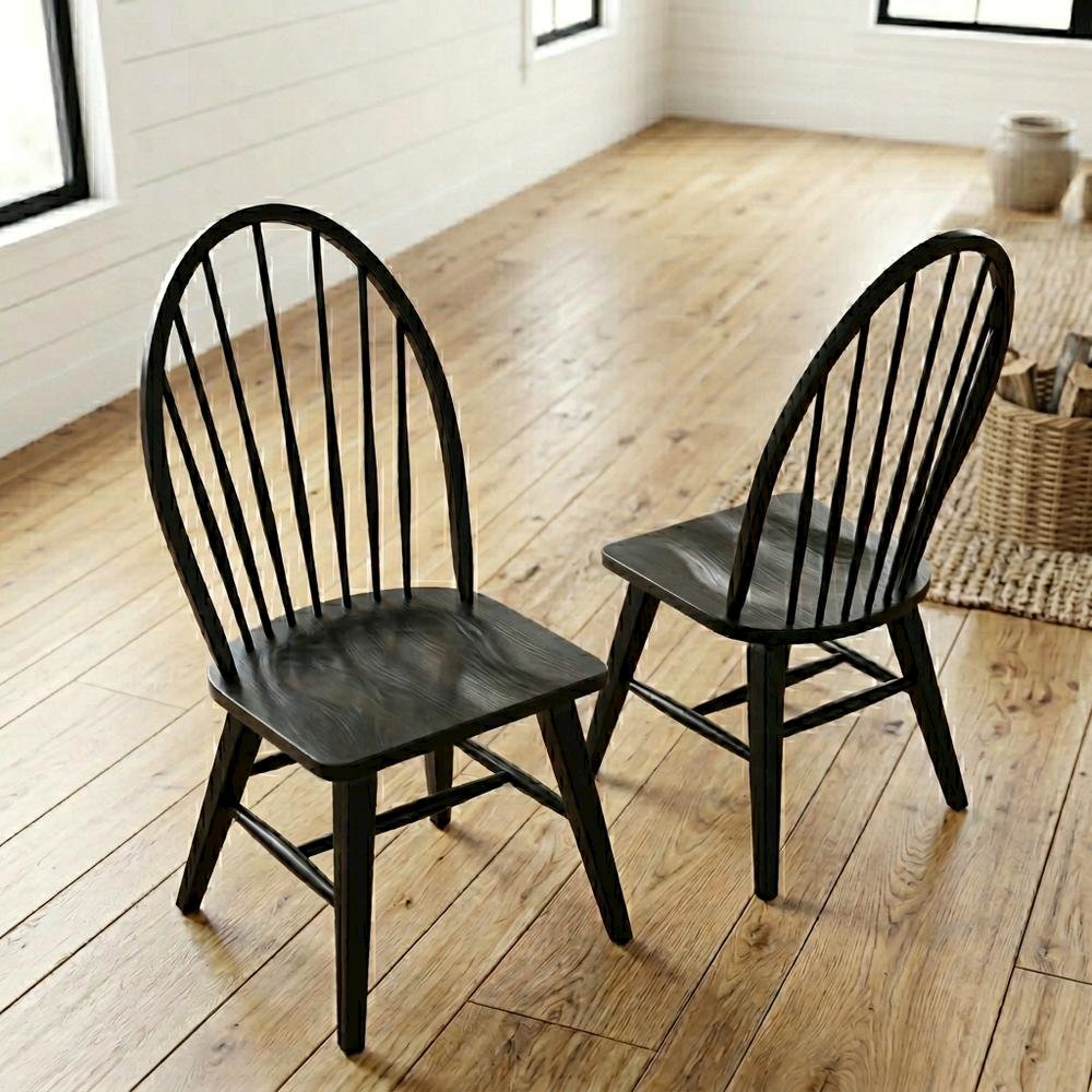 Rubberwood Windsor Back Solid Wood Dining Chair, Brown, Set of 2
