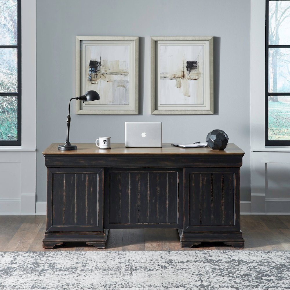5 Piece Home Office Set with Desk, Credenza and Hutch - Aged Charcoal