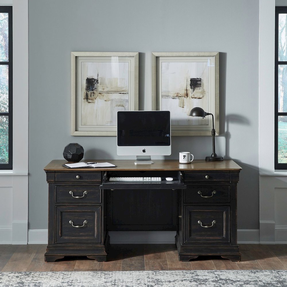 5 Piece Home Office Set with Desk, Credenza and Hutch - Aged Charcoal