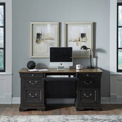 5 Piece Home Office Set with Desk, Credenza and Hutch - Aged Charcoal