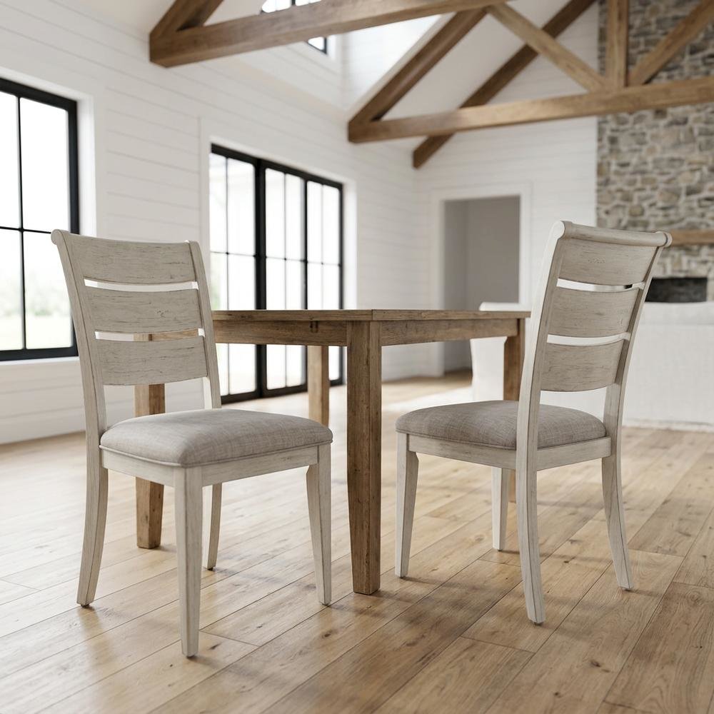 Linen-Upholstered Ladder Back Farmhouse Dining Chairs, White, Set of 2