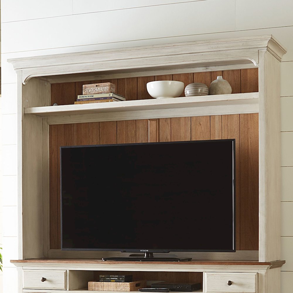 Farmhouse Reimagined Entertainment Center - Antique White with Chestnut Tops