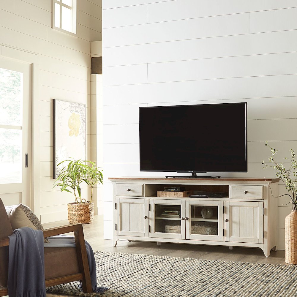 Farmhouse Reimagined Entertainment Center - Antique White with Chestnut Tops