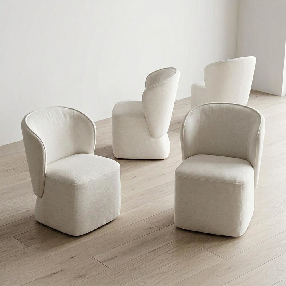Solid Wood Upholstered Accent Dining Chair with Castors, Eclectic Style, White