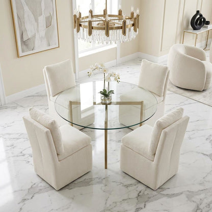 Solid Wood Upholstered Accent Dining Chair with Castors, Eclectic Style, White