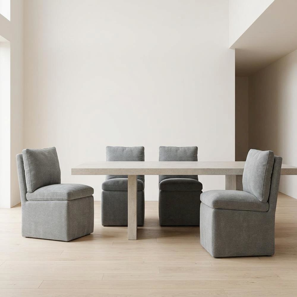 Solid Wood Upholstered Accent Dining Chair with Castors, Eclectic Style, Gray