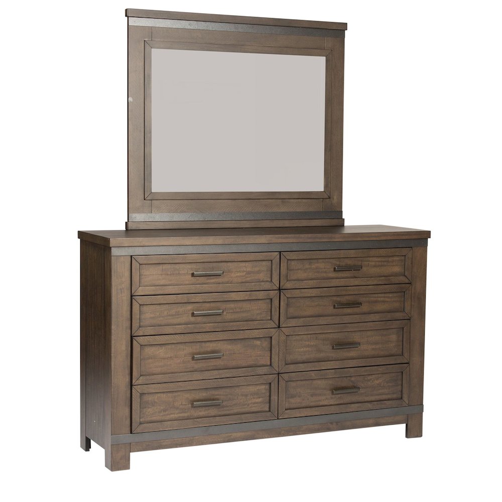 King Panel Bed, Dresser & Mirror, Chest - Rock Beaten Brown w/ Saw Cuts