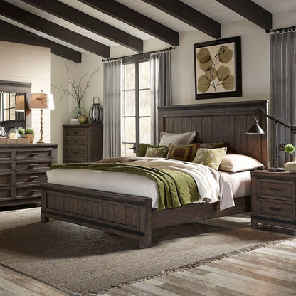 King Panel Bed, Dresser & Mirror, Night Stand - Rock Beaten Brown w/ Saw Cuts